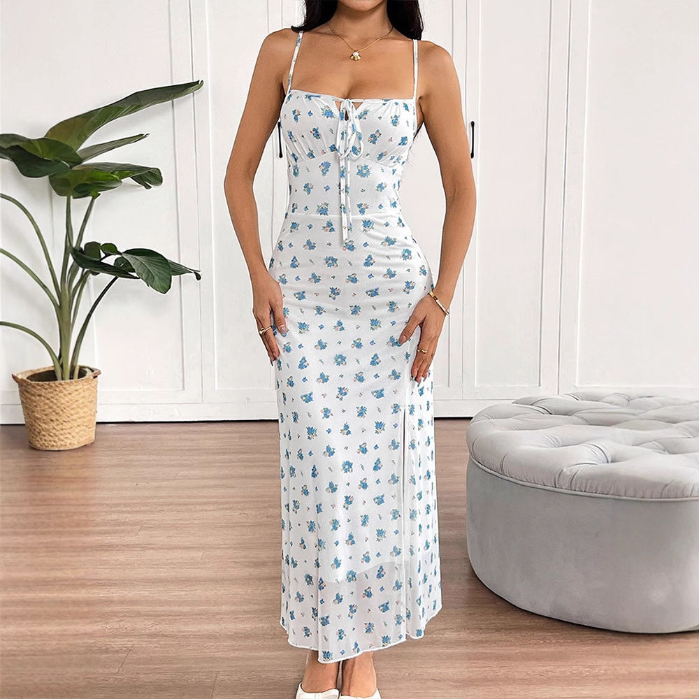 Floral Print Slip Dress with Drawstring Bust and Slit