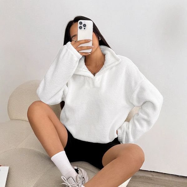 Cropped Plush Sweatshirt with Stand Collar and Quarter-Zip