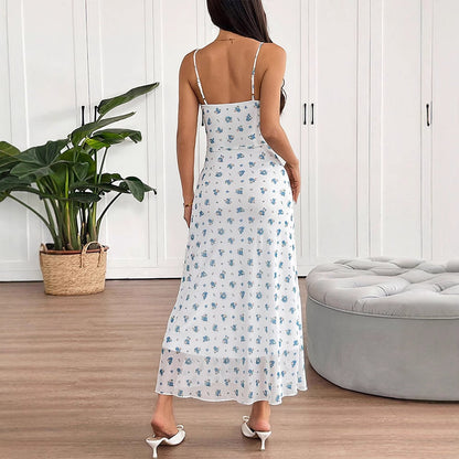Floral Print Slip Dress with Drawstring Bust and Slit
