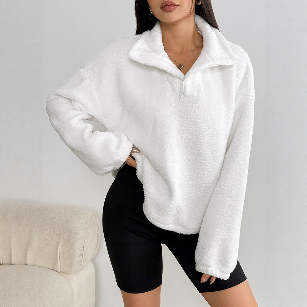 Cropped Plush Sweatshirt with Stand Collar and Quarter-Zip