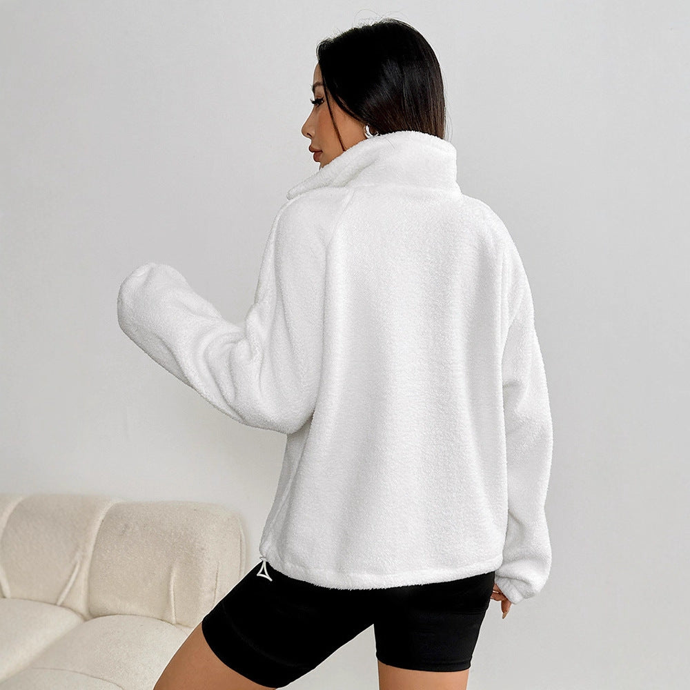 Cropped Plush Sweatshirt with Stand Collar and Quarter-Zip