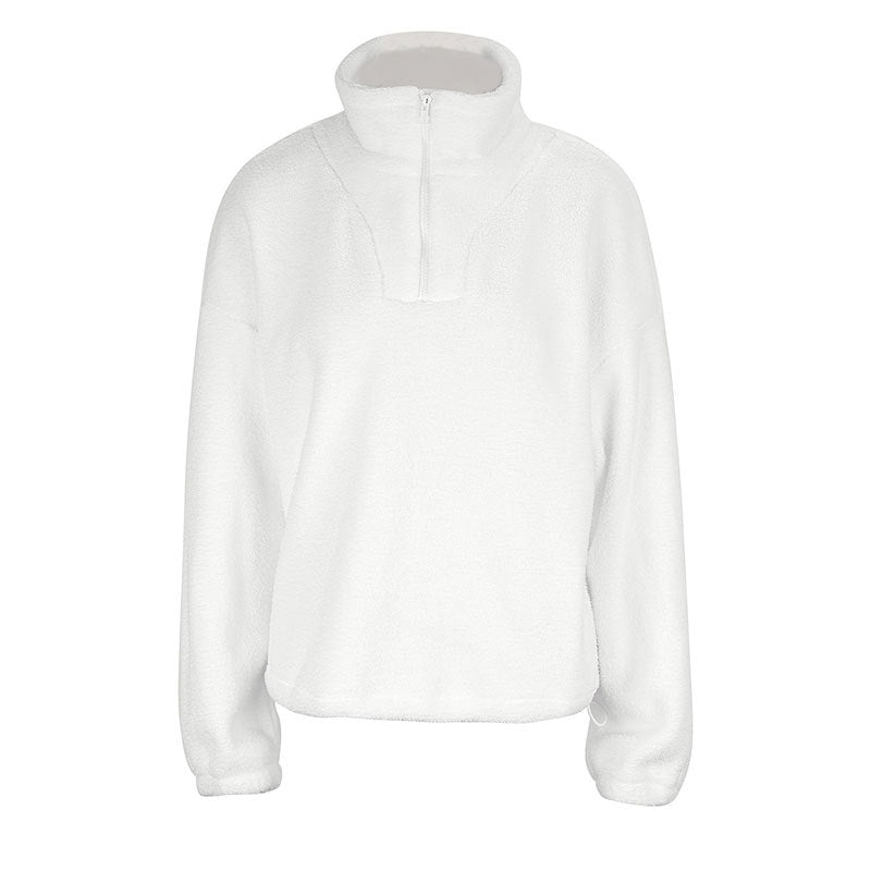 Cropped Plush Sweatshirt with Stand Collar and Quarter-Zip