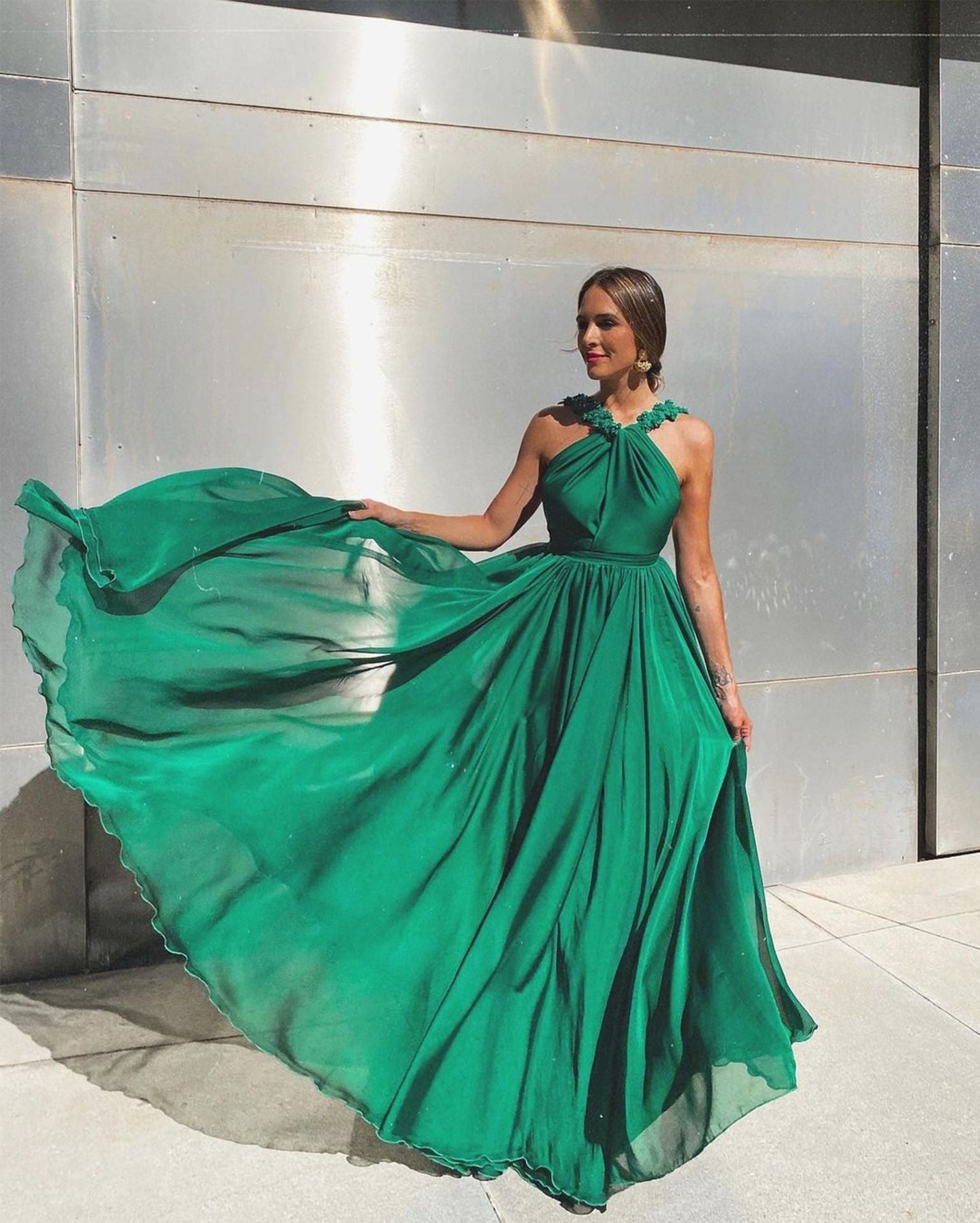 Flowy Maxi Dress with High Waist and Embellished Detail