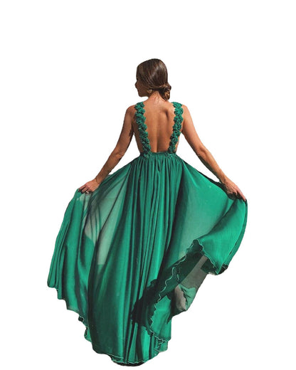 Flowy Maxi Dress with High Waist and Embellished Detail