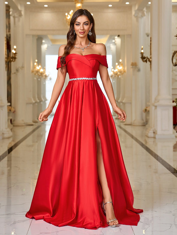 Off-Shoulder A-Line Gown with Slit and Rhinestone Waist