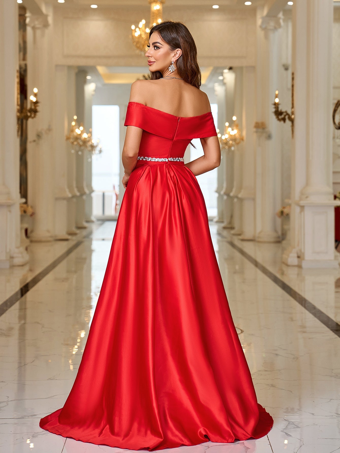 Off-Shoulder A-Line Gown with Slit and Rhinestone Waist