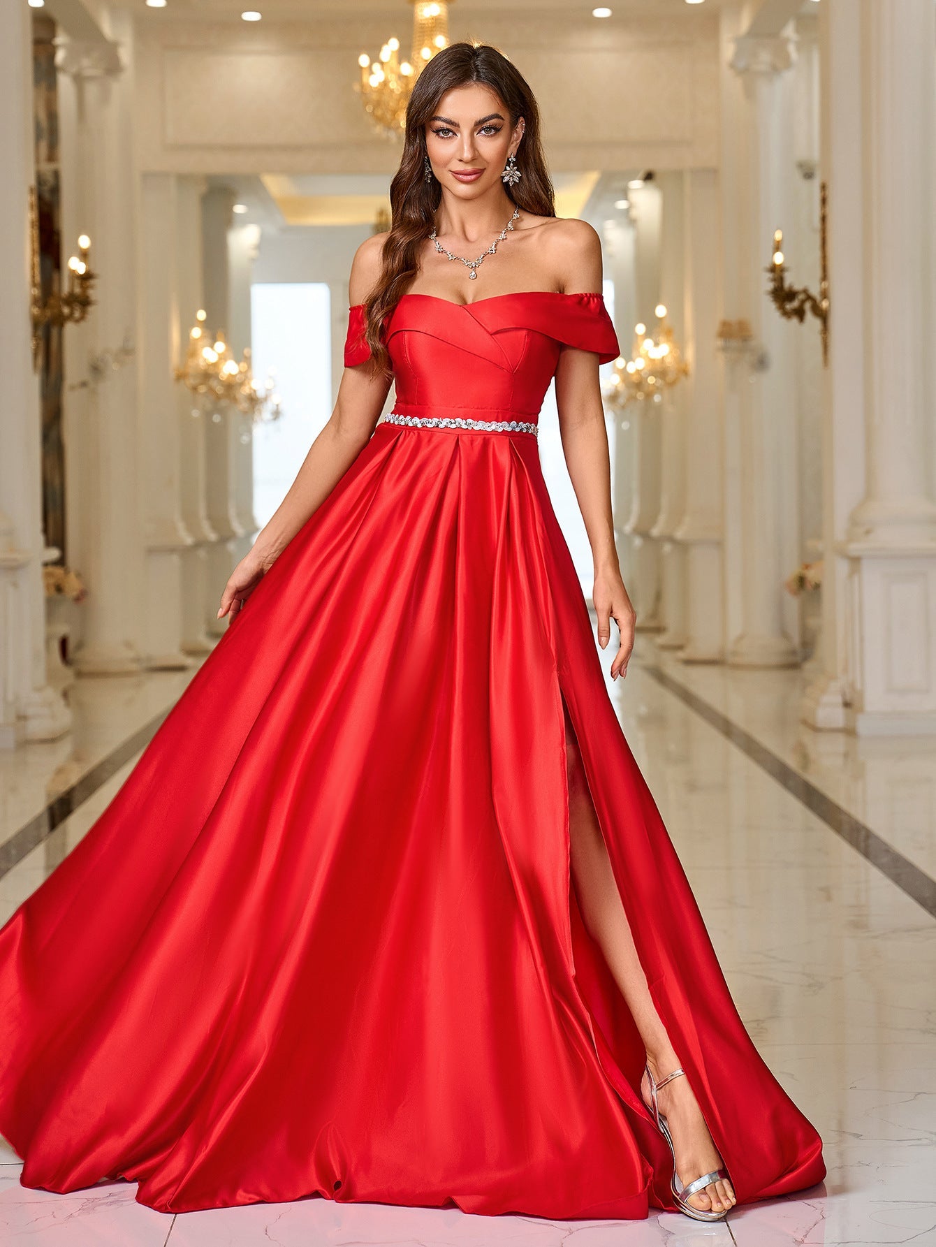Off-Shoulder A-Line Gown with Slit and Rhinestone Waist