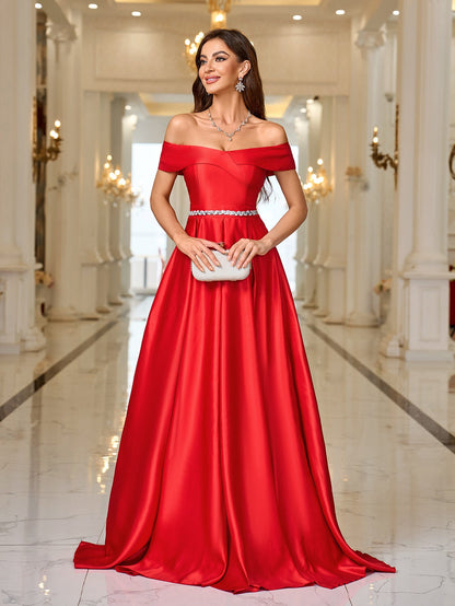 Off-Shoulder A-Line Gown with Slit and Rhinestone Waist