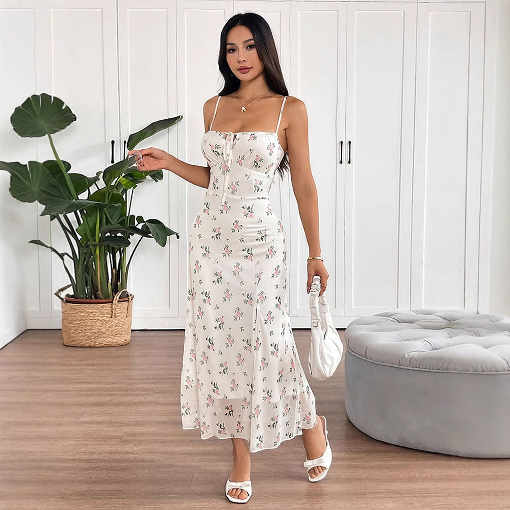 Floral Print Slip Midi Dress with Tie-Front and Slit