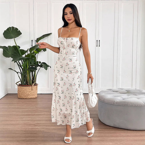 Floral Print Slip Midi Dress with Tie-Front and Slit
