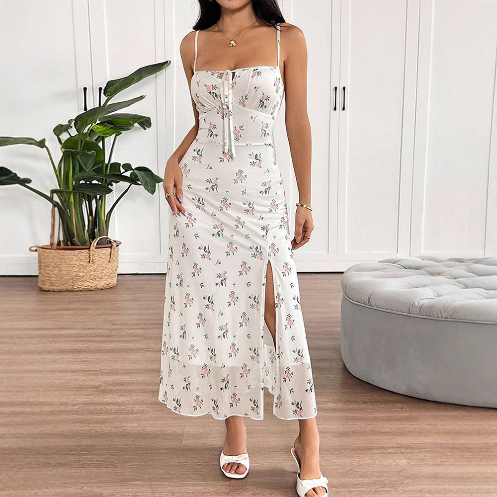 Floral Print Slip Midi Dress with Tie-Front and Slit
