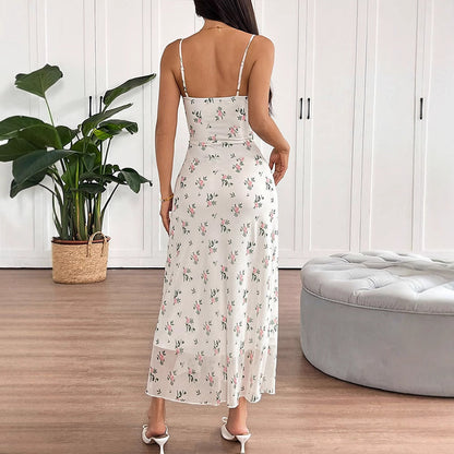 Floral Print Slip Midi Dress with Tie-Front and Slit