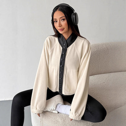 Loose Fit Fleece Jacket with Contrast Stand Collar and Button Front