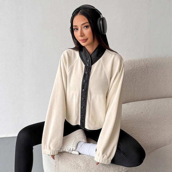 Loose Fit Fleece Jacket with Contrast Stand Collar and Button Front
