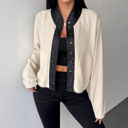 Loose Fit Fleece Jacket with Contrast Stand Collar and Button Front