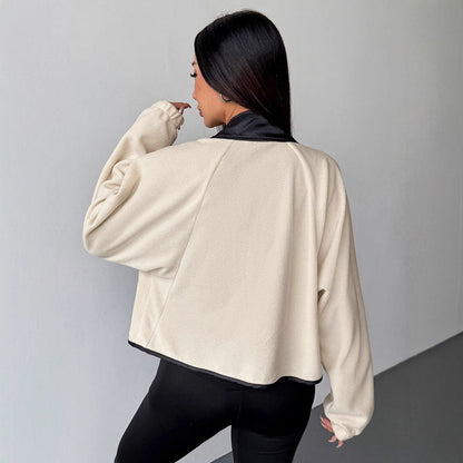 Loose Fit Fleece Jacket with Contrast Stand Collar and Button Front