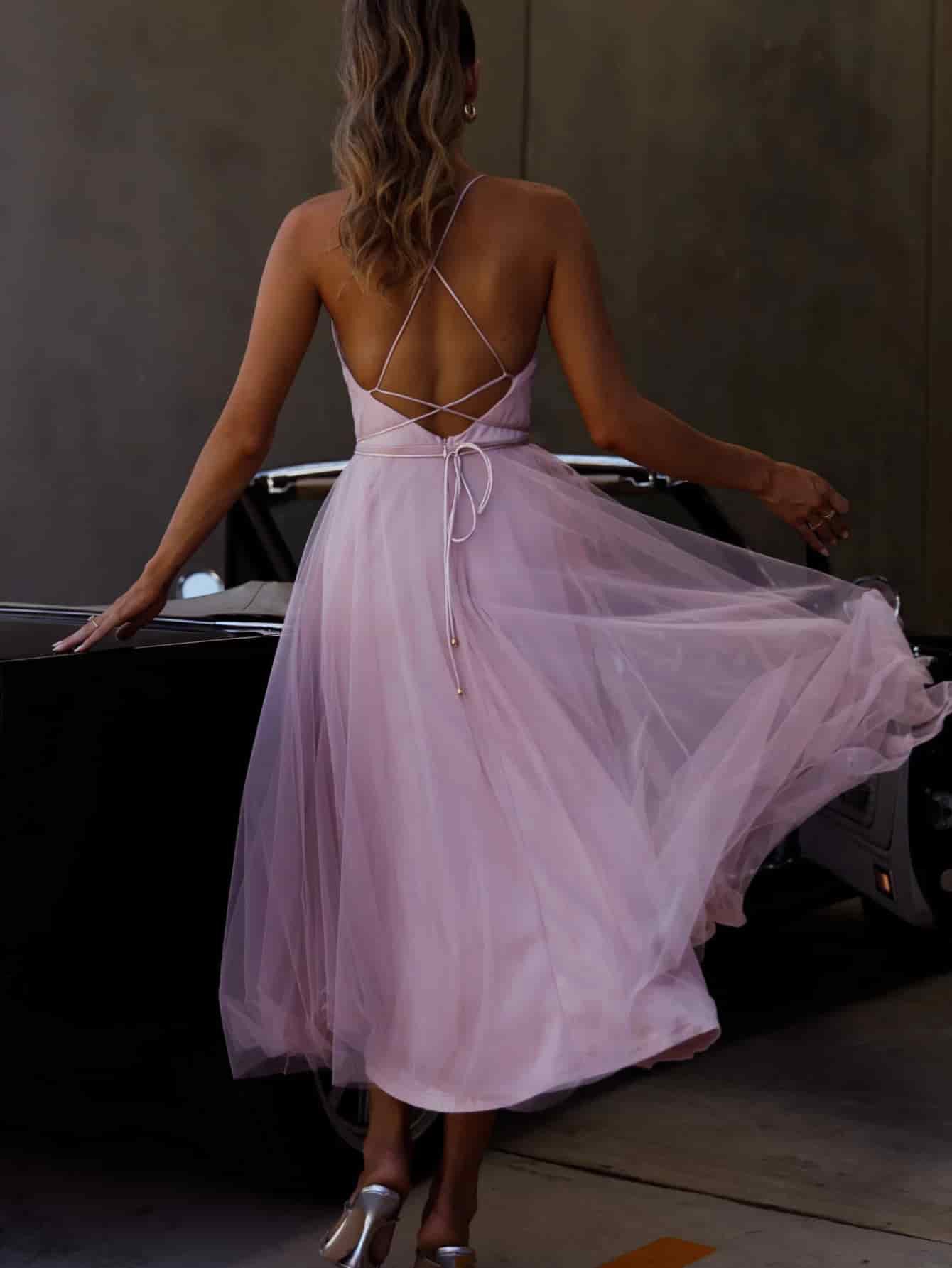 Fit-and-Flare Tulle Midi Dress with Draped Off-Shoulder Detail