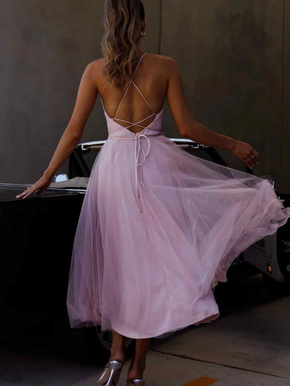 Fit-and-Flare Tulle Midi Dress with Draped Off-Shoulder Detail