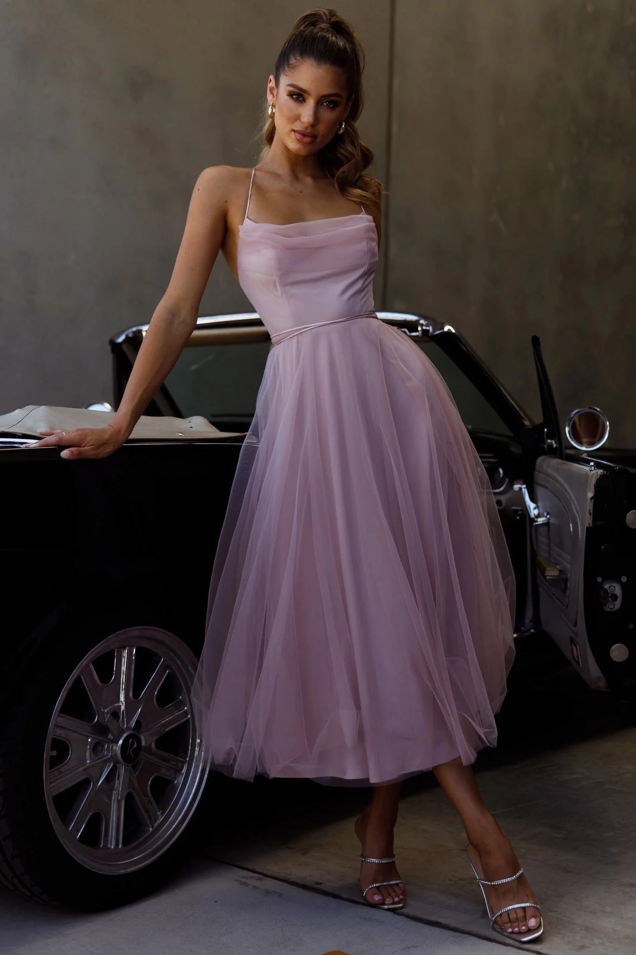 Fit-and-Flare Tulle Midi Dress with Draped Off-Shoulder Detail