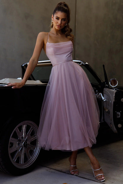 Fit-and-Flare Tulle Midi Dress with Draped Off-Shoulder Detail