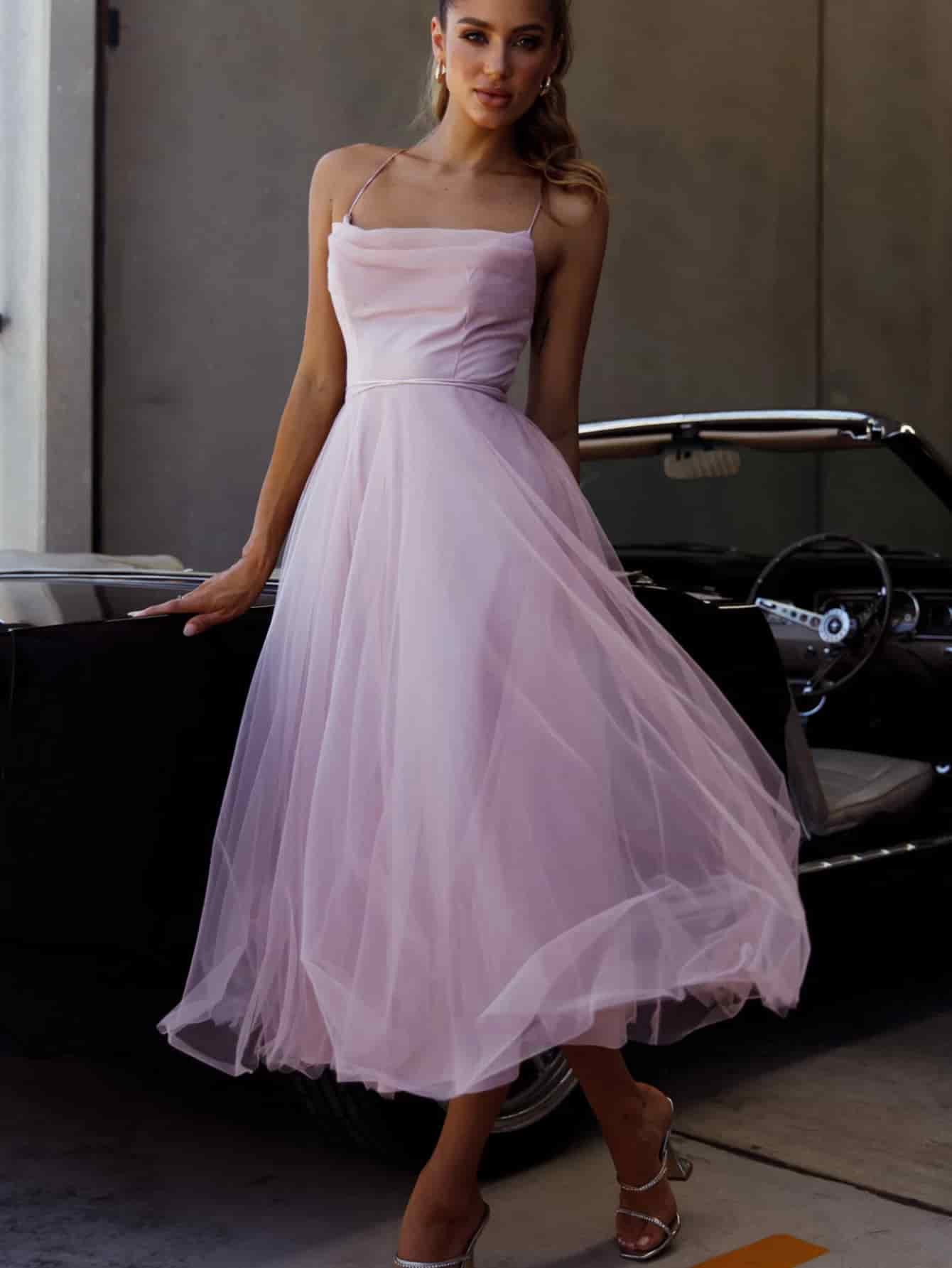 Fit-and-Flare Tulle Midi Dress with Draped Off-Shoulder Detail