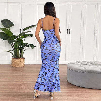 Abstract Print Bodycon Maxi Dress with Spaghetti Straps