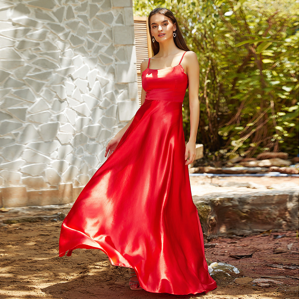 A-Line Maxi Dress with Square Neck and Backless Detail