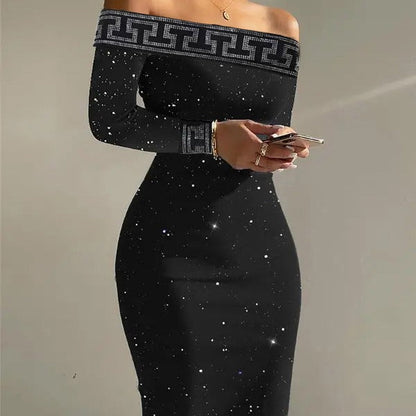 Bodycon Long Sleeve Midi Dress with Off-Shoulder and Sequins