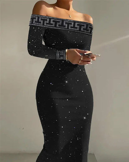 Bodycon Long Sleeve Midi Dress with Off-Shoulder and Sequins
