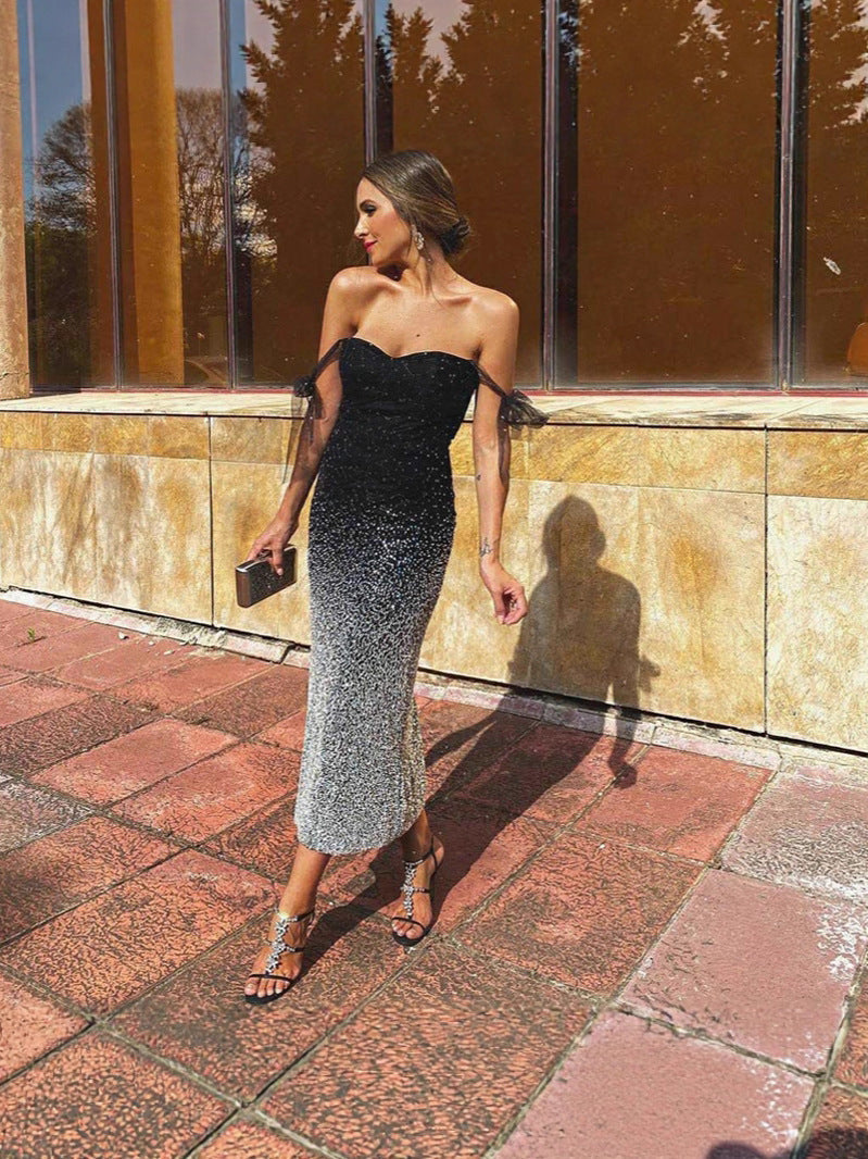 Gradient Sequined Sheath Midi Dress with Off-Shoulder Sleeves