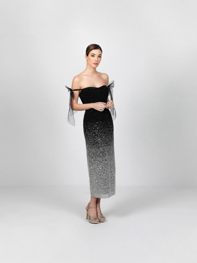 Gradient Sequined Sheath Midi Dress with Off-Shoulder Sleeves
