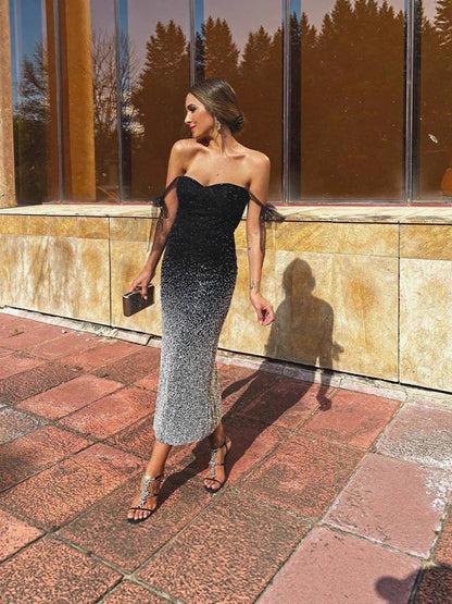 Gradient Sequined Sheath Midi Dress with Off-Shoulder Sleeves
