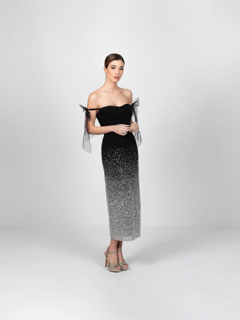 Gradient Sequined Sheath Midi Dress with Off-Shoulder Sleeves