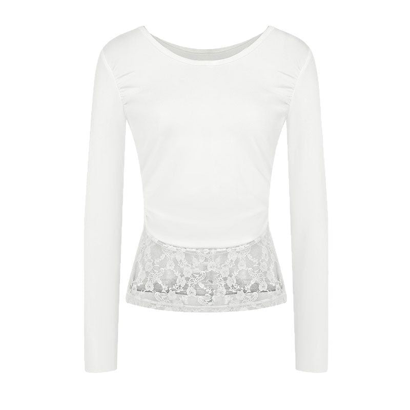 Bodycon Cropped Long Sleeve Top with U-Neck and Lace Trim