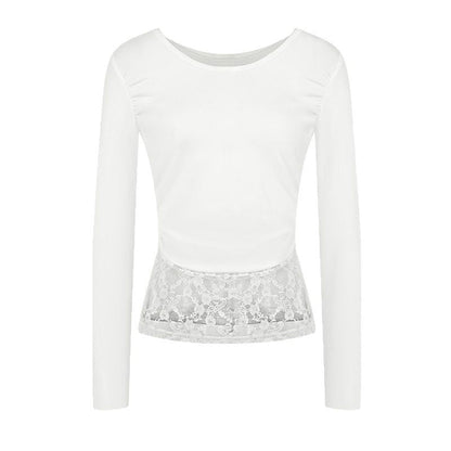 Bodycon Cropped Long Sleeve Top with U-Neck and Lace Trim