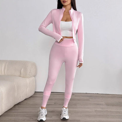 Solid Cropped Zip-Up Jacket & High-Waist Leggings Set