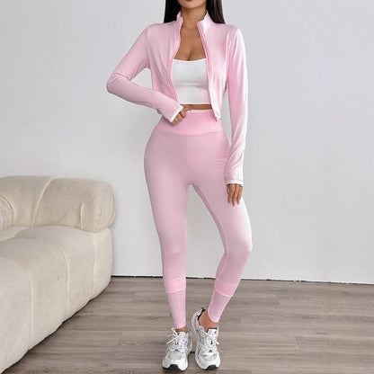 Solid Cropped Zip-Up Jacket & High-Waist Leggings Set