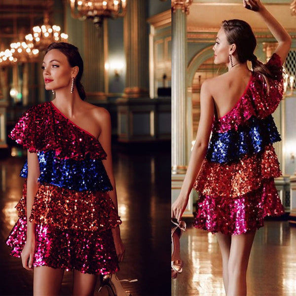 Tiered Sequin Mini Dress with One-Shoulder