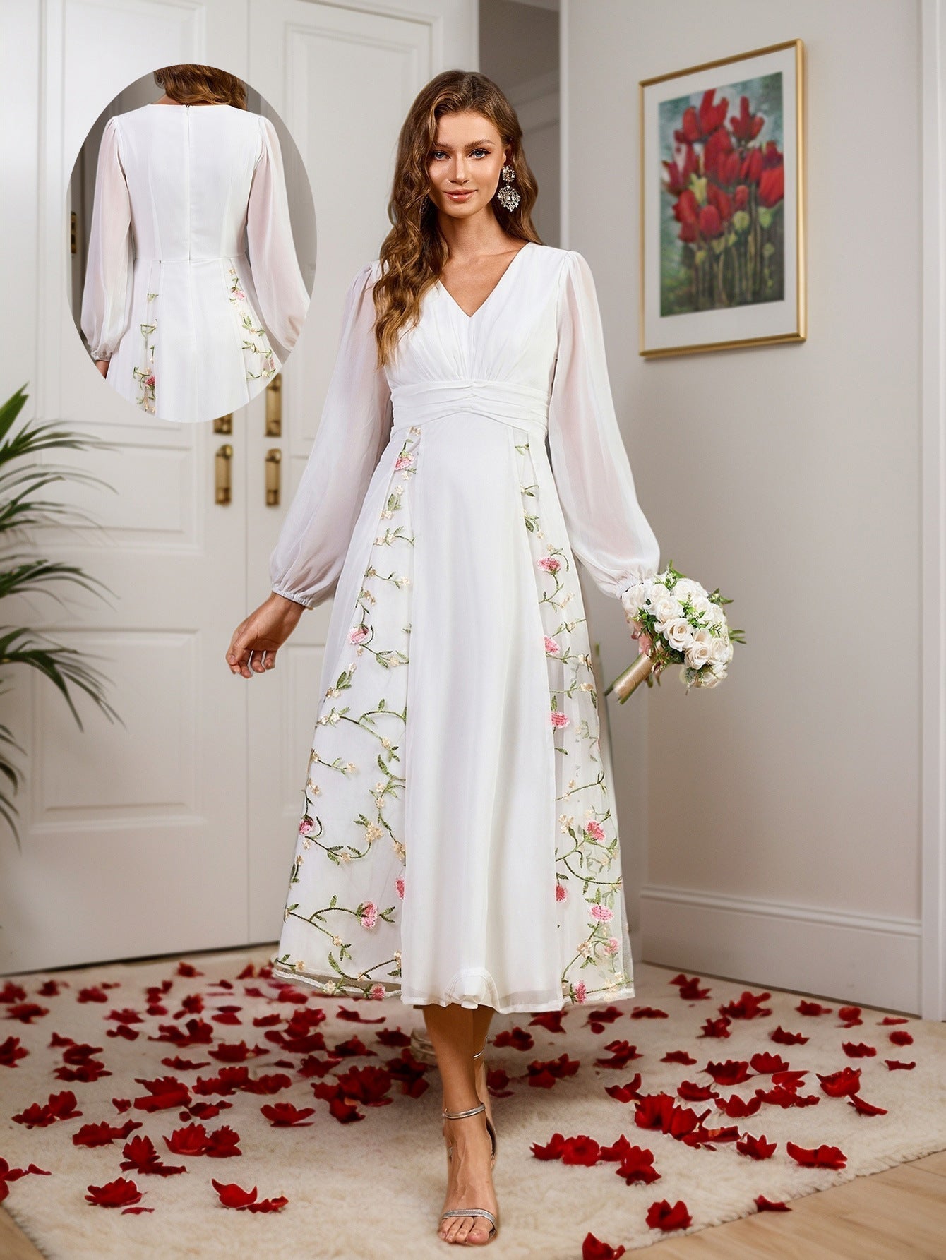 Floral Embroidered Midi Dress with V-Neck and Long Sleeves