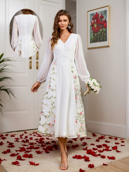Floral Embroidered Midi Dress with V-Neck and Long Sleeves