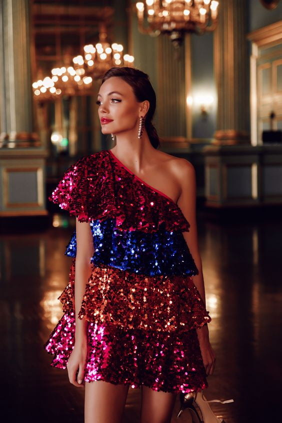 Tiered Sequin Mini Dress with One-Shoulder