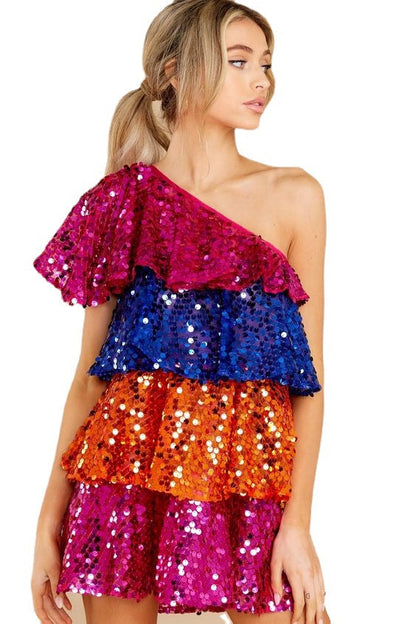 Tiered Sequin Mini Dress with One-Shoulder