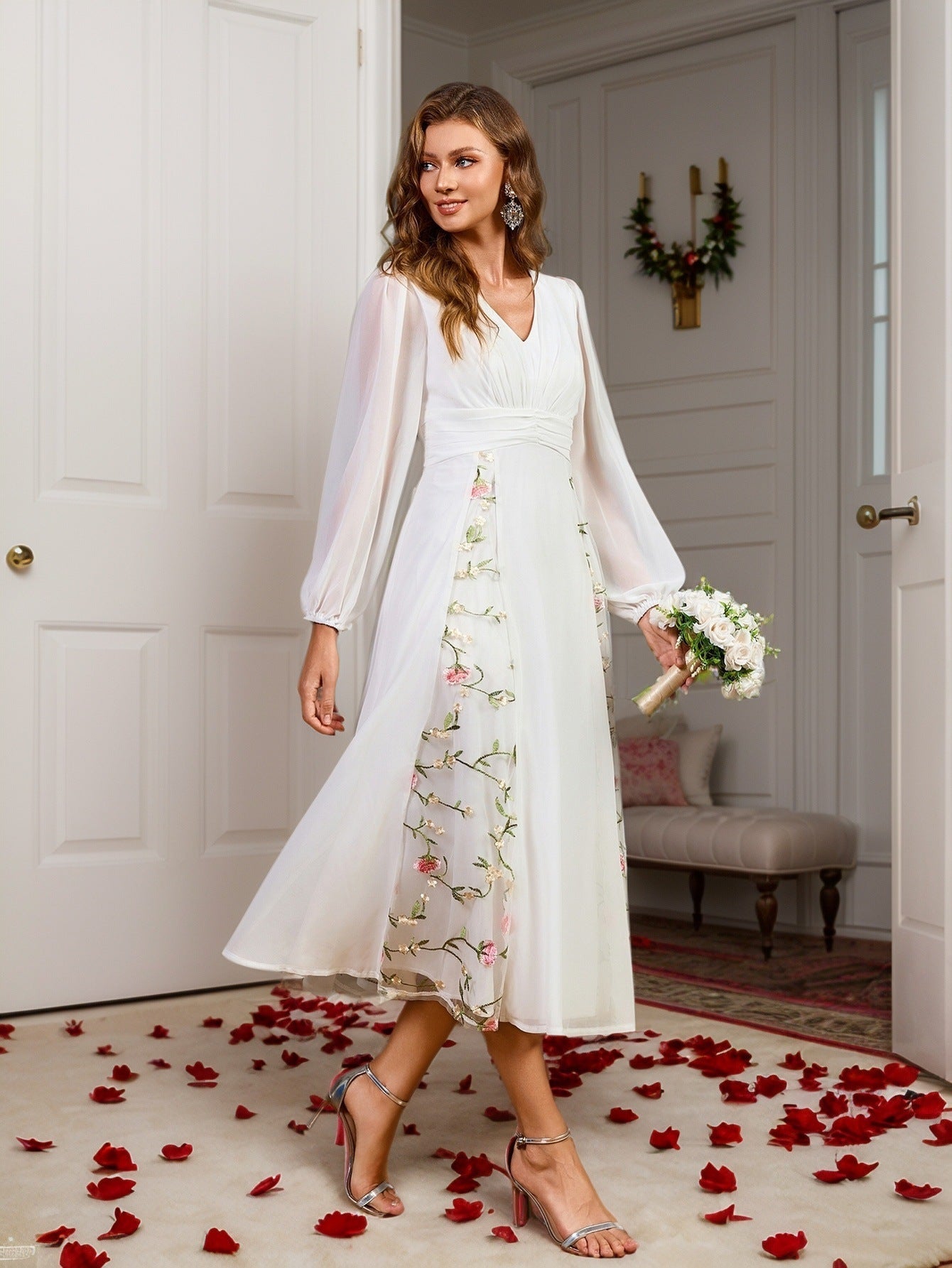 Floral Embroidered Midi Dress with V-Neck and Long Sleeves