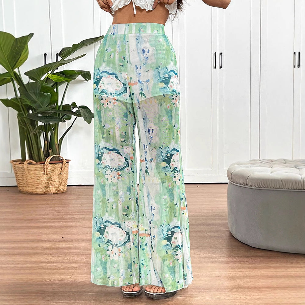 Abstract Floral Print Sheer Wide-Leg Flared Trousers