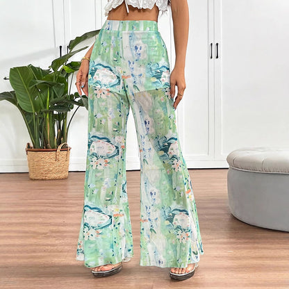 Abstract Floral Print Sheer Wide-Leg Flared Trousers