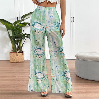 Abstract Floral Print Sheer Wide-Leg Flared Trousers