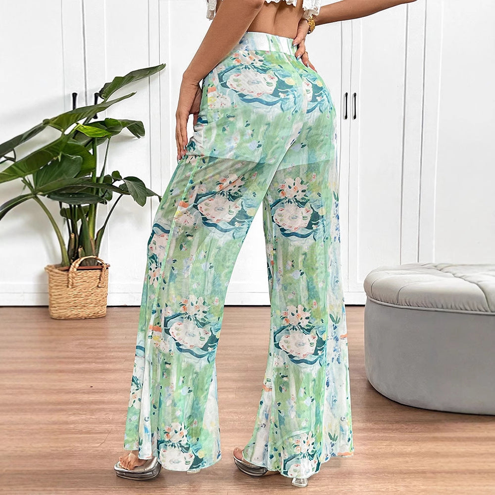 Abstract Floral Print Sheer Wide-Leg Flared Trousers