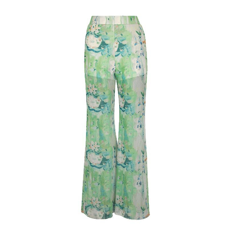 Abstract Floral Print Sheer Wide-Leg Flared Trousers