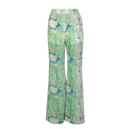 Abstract Floral Print Sheer Wide-Leg Flared Trousers