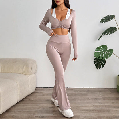 High-Waist Flared Pants Set with Ruched Long Sleeve Crop Top